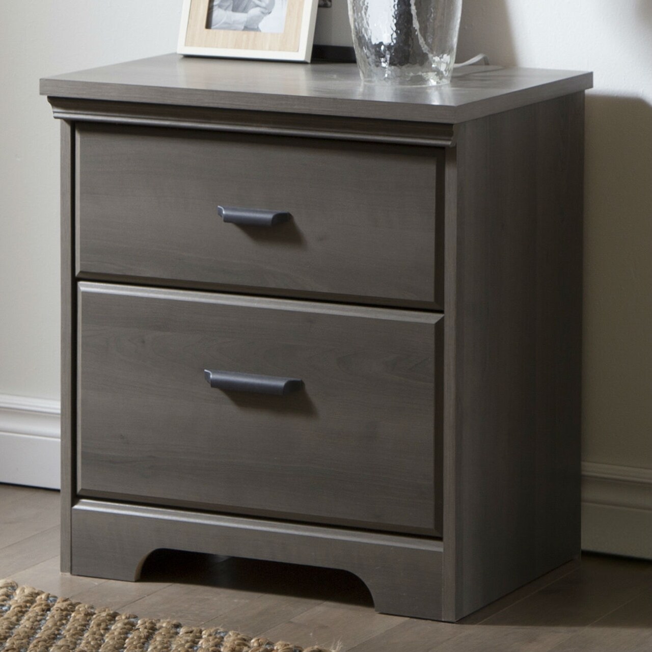2-Drawer Bedroom Nightstand Gray Maple Wood Finish with Matte Black Handles